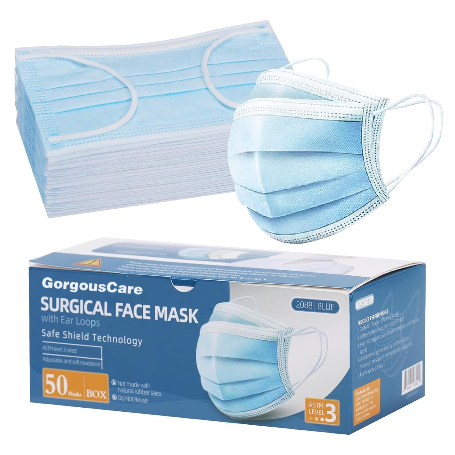 GorgousCare Disposable Face Masks, ASTM Level 3 Surgical Mask with 3 Ply Protection & Elastic Earloop, 50 Pack Blue