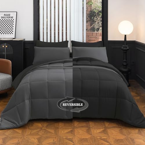 Queen Size Comforter Set - 8-Piece Gray Luxury Bedding with Reversible Microfiber Lightweight Comforter, Bed Skirt, Flat Sheets, Pillowcases & Pillow Shams