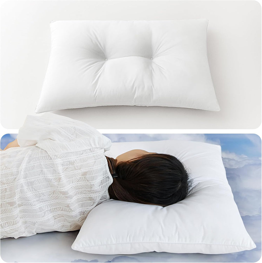 QUILTINA Ear Protection Pillows 2-Pack Perfect for Back or Side Sleepers, Relatively Flat & Thin Medium Support Bed Pillow with Concave Design, Soft, Highly Elastic, Queen 20 x 30 in, White