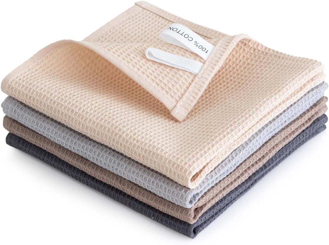 PY HOME & SPORTS Dish Towels Set, 100% Cotton Waffle Weave Kitchen Towels 4 Pieces, Super Absorbent Kitchen Hand Dish Cloths for Drying and Cleaning (17 x 25 Inches, Set of 4)