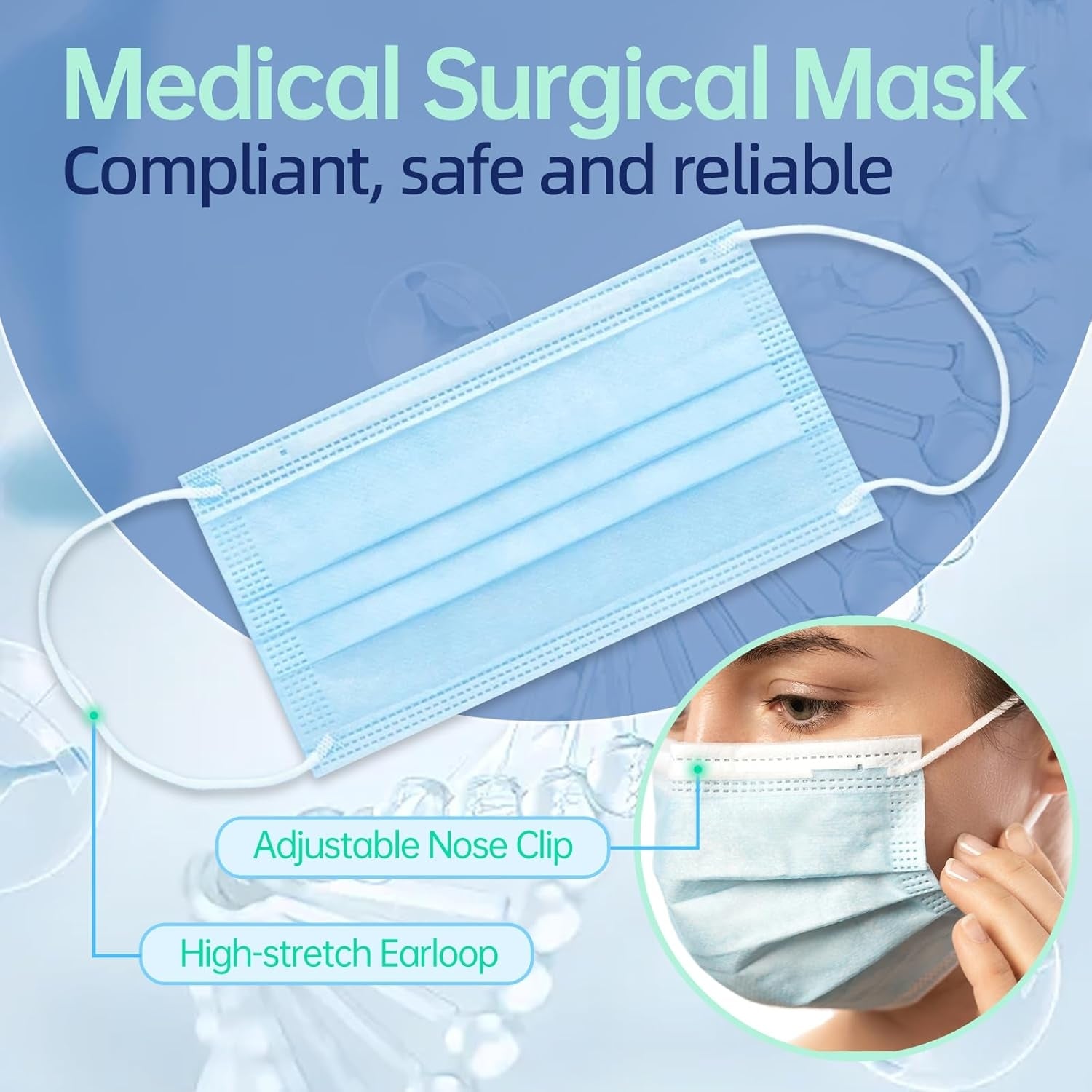 GorgousCare Disposable Face Masks, ASTM Level 3 Surgical Mask with 3 Ply Protection & Elastic Earloop, 50 Pack Blue
