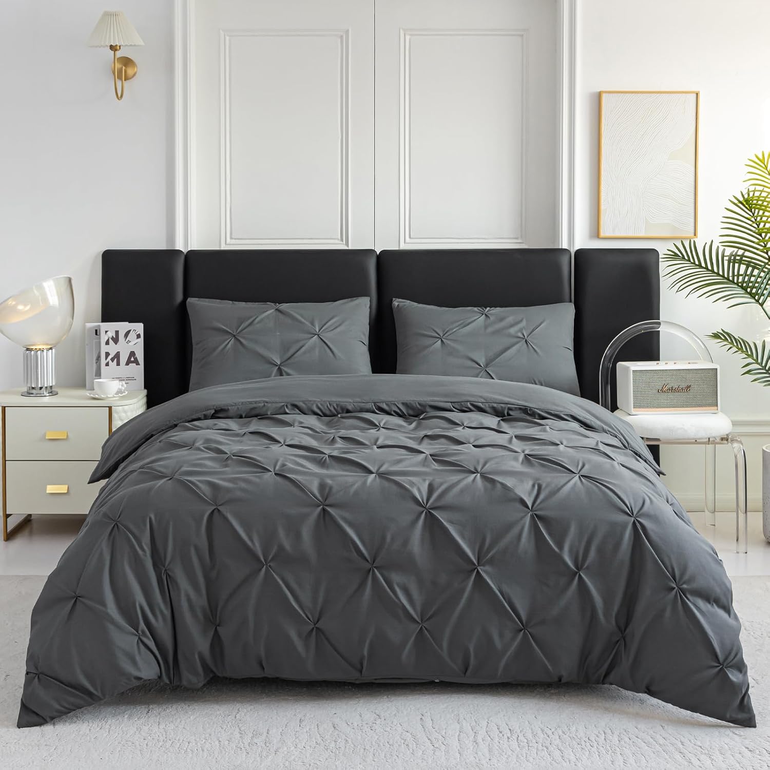 PY HOME & SPORTS 3 Pieces Bedding Duvet Cover Set, Pinch Pleated Queen Duvet Cover, Pintuck Comforter Quilt Cover with 2 Pillow Shams-Queen-90 X 90 inches-Pink