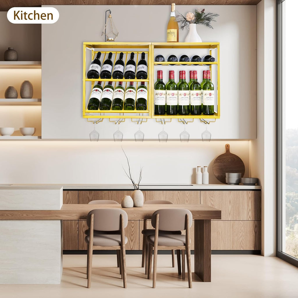 PY Wall Mounted Wine Rack - 20 Bottles Gold Wall Wine Rrack with 6 Glass Holder, Modern Metal Frame Wine Storage Display Shelf Space-Saving Design for Home Room Bar Dining Kitchen
