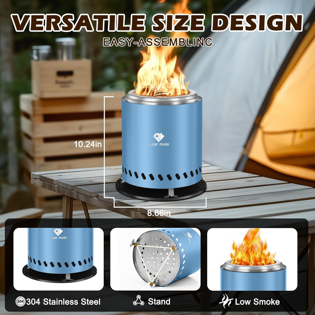 PY SUPER MODE Tabletop Fire Pit with Stand 10.2 x 8.7 in, Smokeless Firepit Camping Outdoor Table Top Firepit for Urban & Suburbs with Portable Travel Bag, Fueled by Pellets or Wood, Stainless Steel