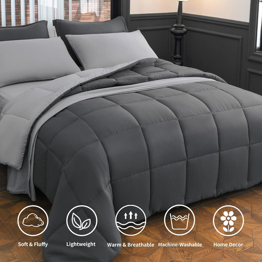 Queen Size Comforter Set - 8-Piece Gray Luxury Bedding with Reversible Microfiber Lightweight Comforter, Bed Skirt, Flat Sheets, Pillowcases & Pillow Shams