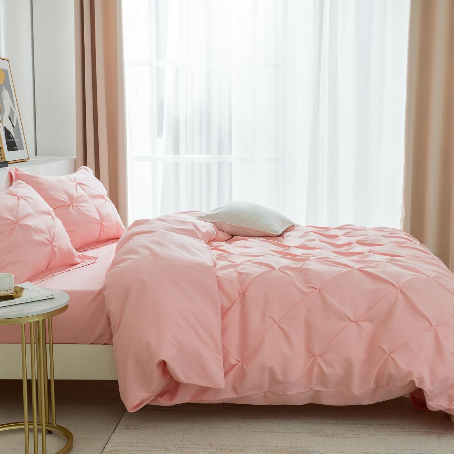 PY HOME & SPORTS 3 Pieces Bedding Duvet Cover Set, Pinch Pleated Queen Duvet Cover, Pintuck Comforter Quilt Cover with 2 Pillow Shams-Queen-90 X 90 inches-Pink