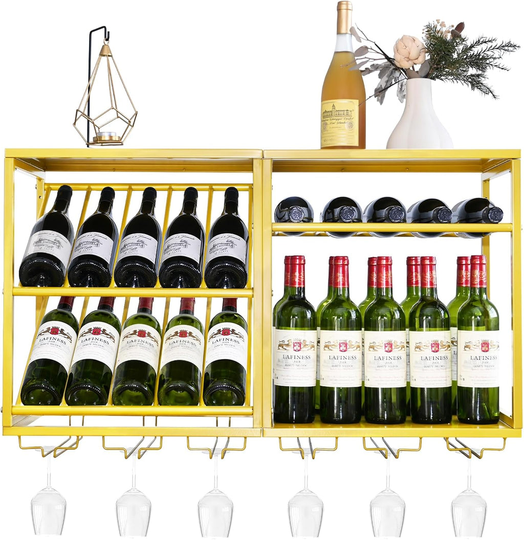 PY Wall Mounted Wine Rack - 20 Bottles Gold Wall Wine Rrack with 6 Glass Holder, Modern Metal Frame Wine Storage Display Shelf Space-Saving Design for Home Room Bar Dining Kitchen