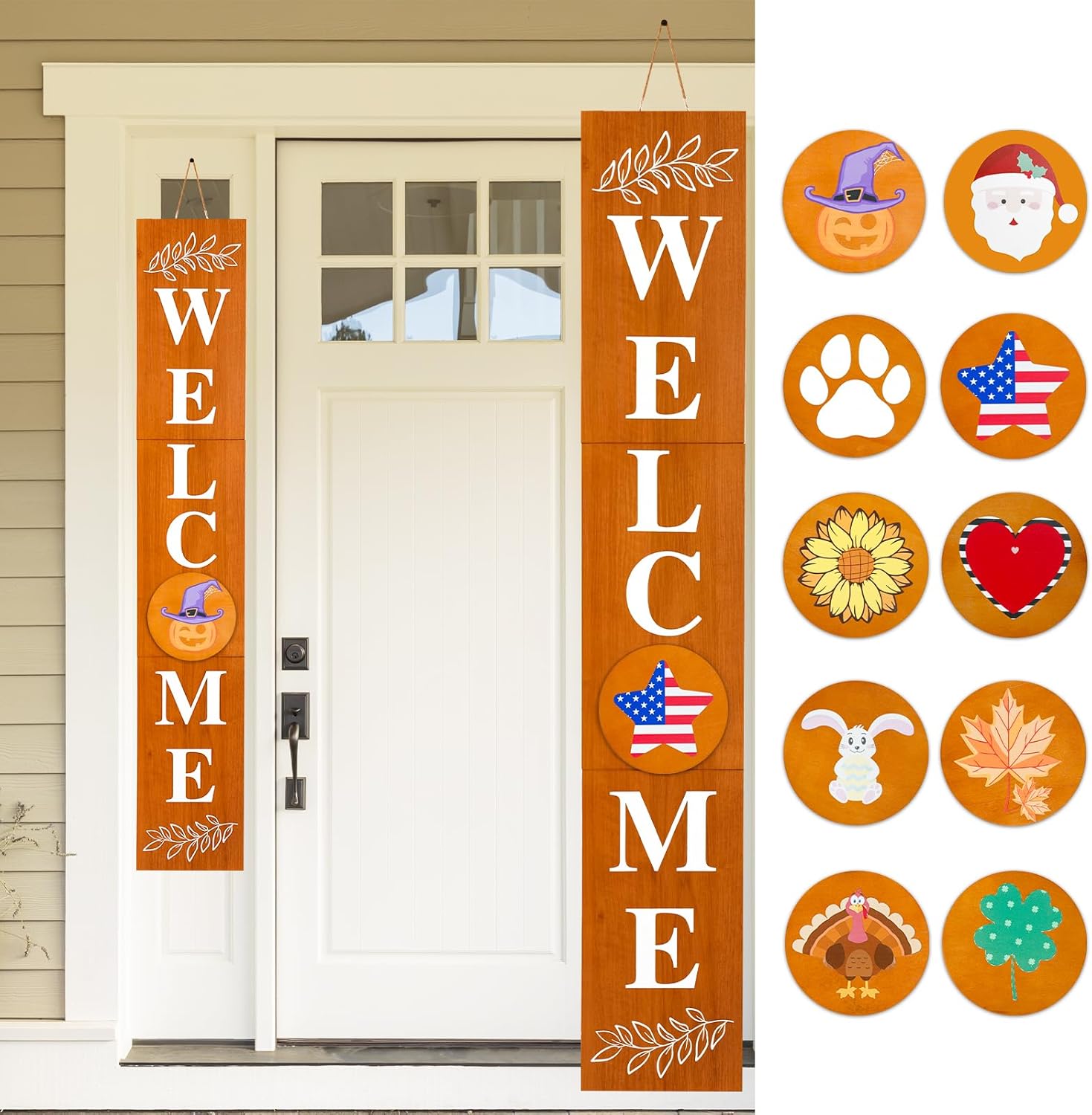 PY HOME & SPORTS Welcome Sign for Front Door Standing with 10 Interchangeable Icons, 47.7" x 7.9" Welcome Wooden Sign for Sunflower Decor, Welcome Home Sign Outdoor Porch Decor (Brown)