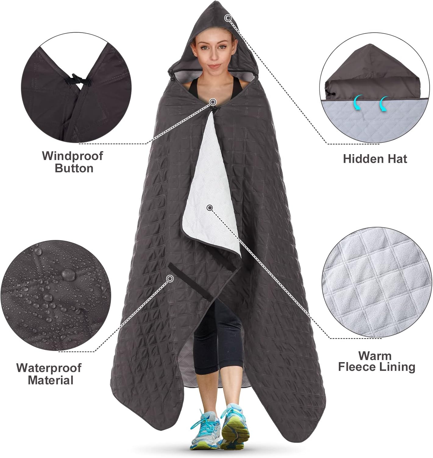 Hooded Outdoor Blanket, Extra Large (82 "x 55") Waterproof Camping Blanket, Quilted, Thick Fleece, Warm, Windproof, Sand Proof, Portable and Wear-Resistant, Perfect for Stadium, Picnic, Camping