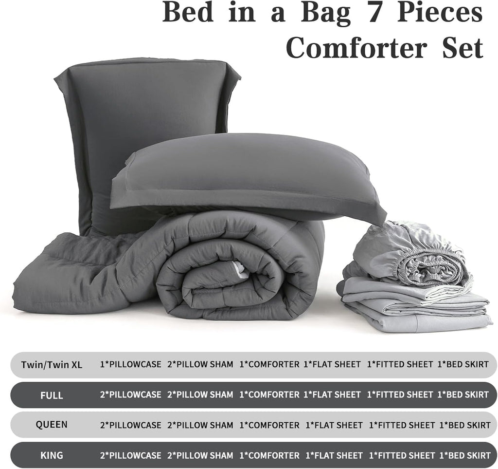 Queen Size Comforter Set - 8-Piece Gray Luxury Bedding with Reversible Microfiber Lightweight Comforter, Bed Skirt, Flat Sheets, Pillowcases & Pillow Shams