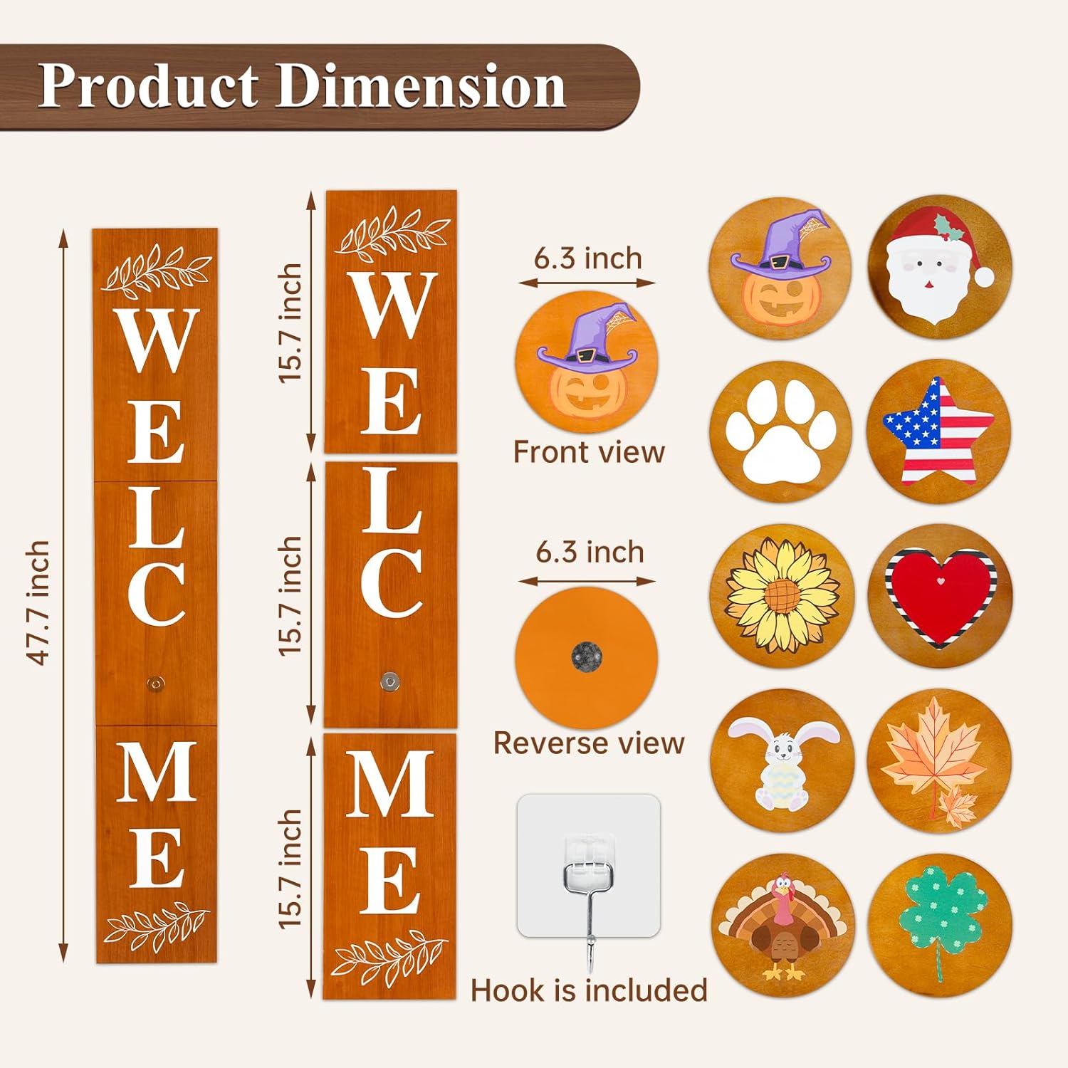 PY HOME & SPORTS Welcome Sign for Front Door Standing with 10 Interchangeable Icons, 47.7" x 7.9" Welcome Wooden Sign for Sunflower Decor, Welcome Home Sign Outdoor Porch Decor (Brown)