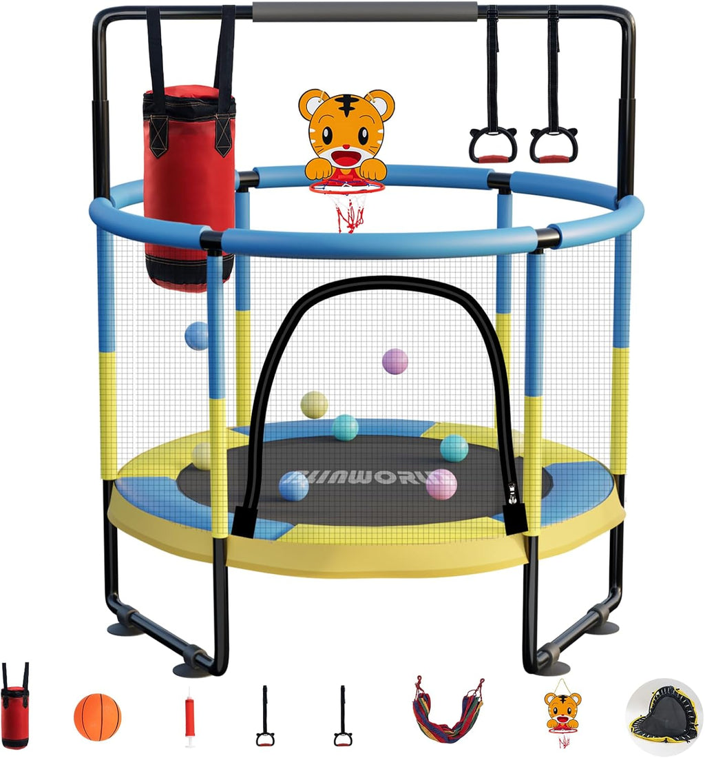 Trampoline for Kids, Adjustable Baby Toddler Trampoline with Basketball Hoop, 440lbs Indoor Outdoor Toddler Trampoline with Enclosure