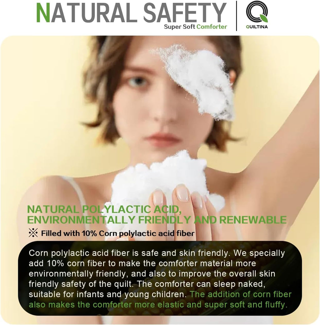 QUILTINA Super Soft Comforter with Corn Polylacticacid Skin Friendly and Goose Duvet Texture, Autumn Winter Warm Quality Quilt, Lightweight, Fluffy, 6.7 lb, King Size 104x90 in, Faint Yellow