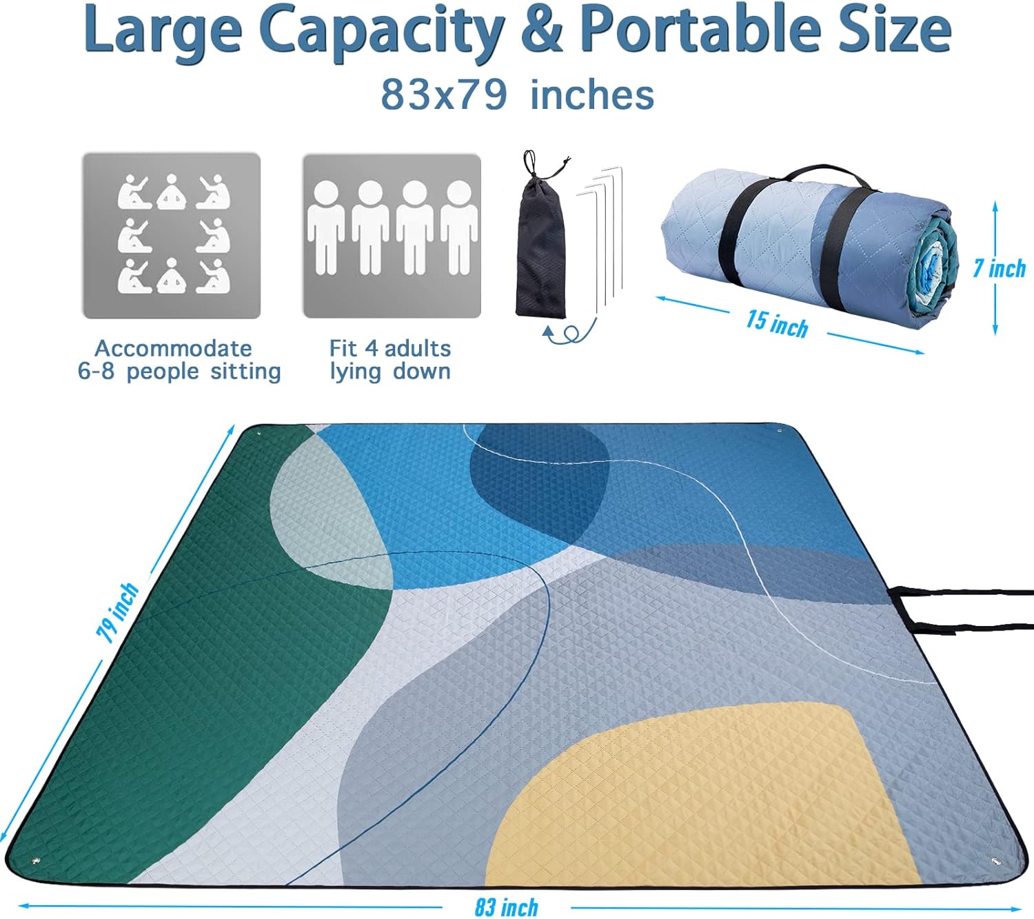 PY SUPER MODE Picnic Blankets Extra Large, Waterproof Foldable Outdoor Beach Blanket Oversized 83x79” Sandproof, 3-Layer Picnic Mat for Camping, Hiking, Travel, Park, Concerts