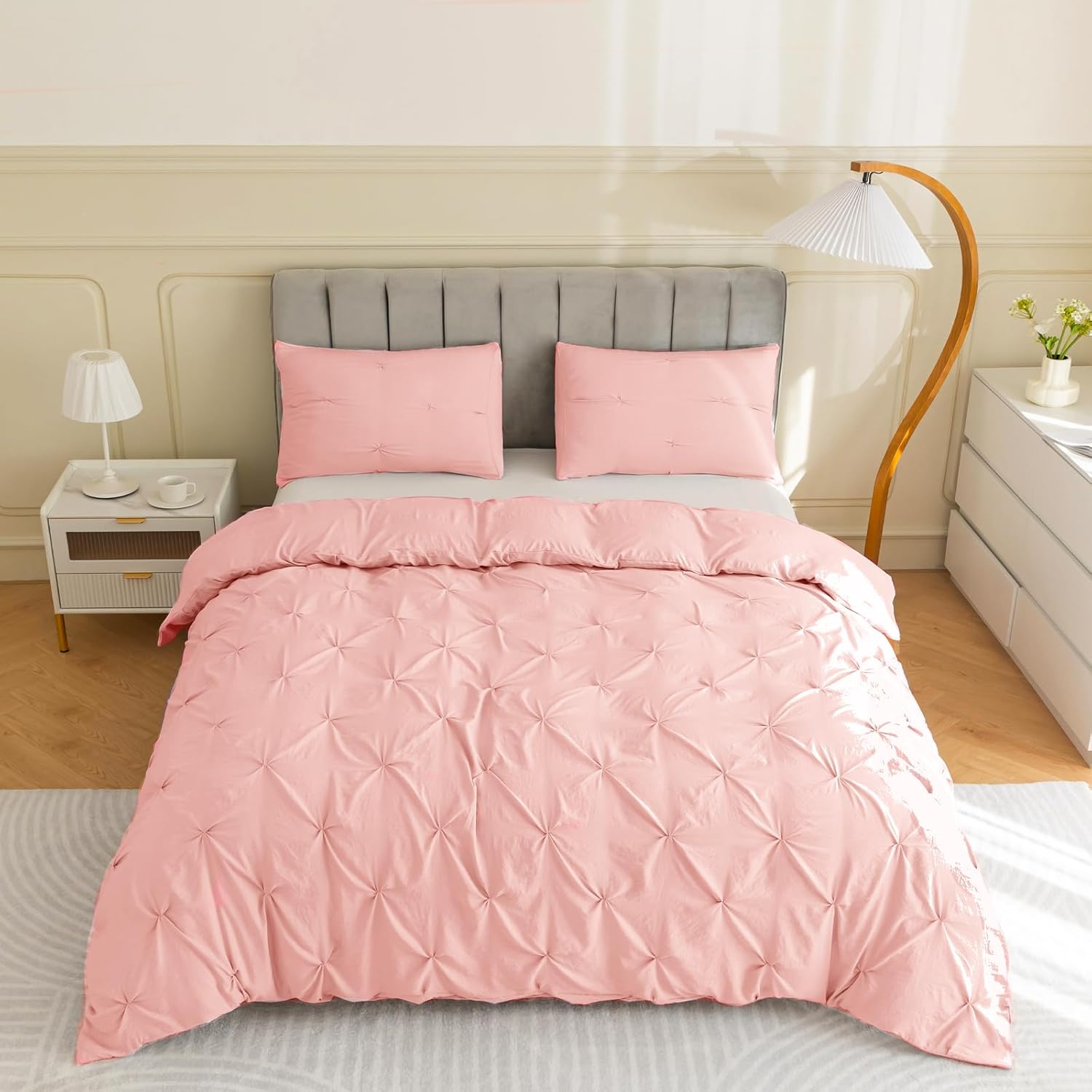 PY HOME & SPORTS 3 Pieces Bedding Duvet Cover Set, Pinch Pleated Queen Duvet Cover, Pintuck Comforter Quilt Cover with 2 Pillow Shams-Queen-90 X 90 inches-Pink