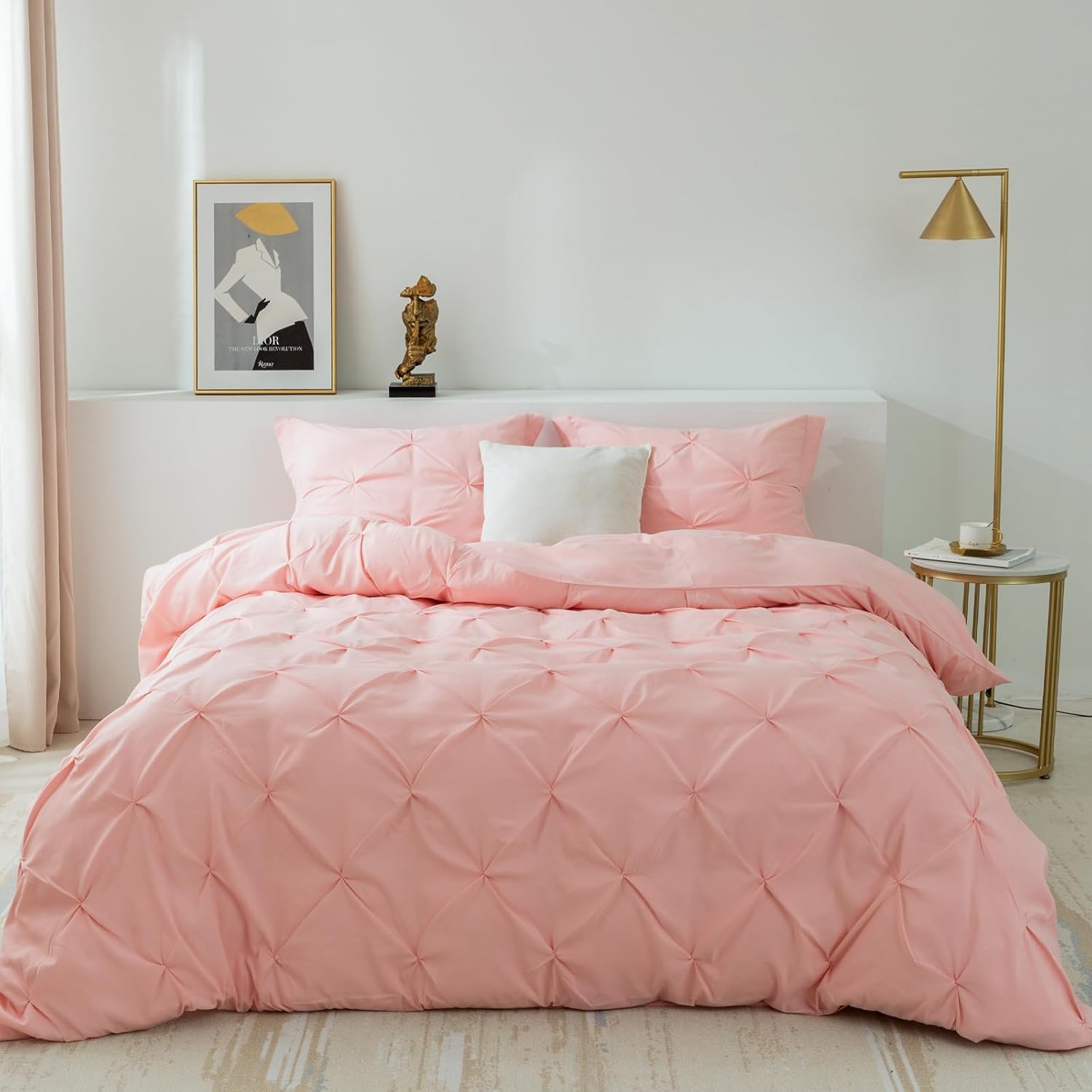 PY HOME & SPORTS 3 Pieces Bedding Duvet Cover Set, Pinch Pleated Queen Duvet Cover, Pintuck Comforter Quilt Cover with 2 Pillow Shams-Queen-90 X 90 inches-Pink