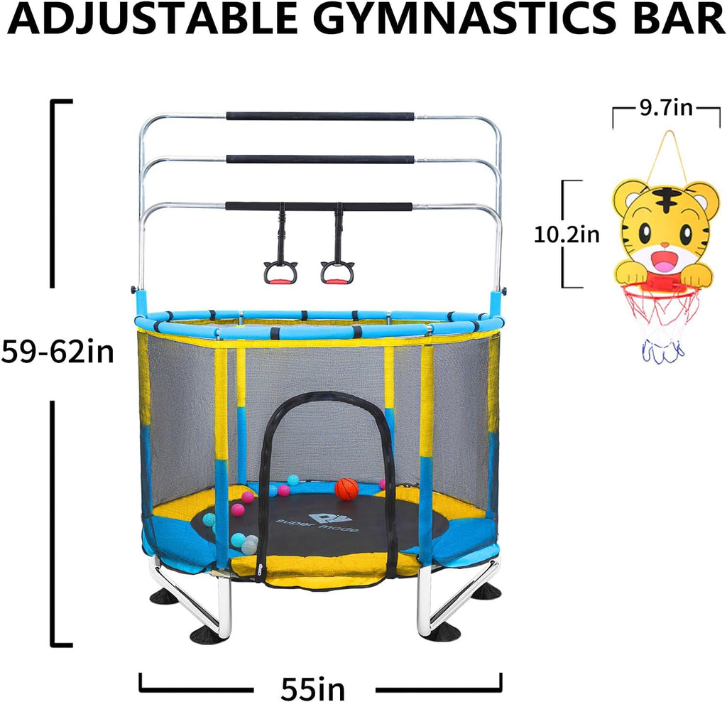 Trampoline for Kids, 5FT Adjustable for Toddler, Indoor/Outdoor Baby Trampoline with Enclosure Net, No-Gap Safe Design, Gifts for Boys & Girls