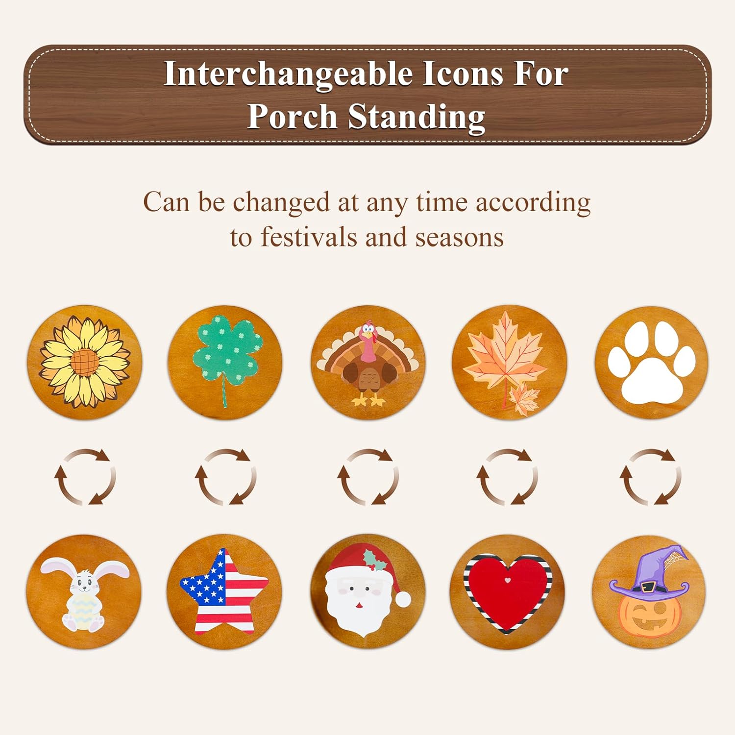 PY HOME & SPORTS Welcome Sign for Front Door Standing with 10 Interchangeable Icons, 47.7" x 7.9" Welcome Wooden Sign for Sunflower Decor, Welcome Home Sign Outdoor Porch Decor (Brown)