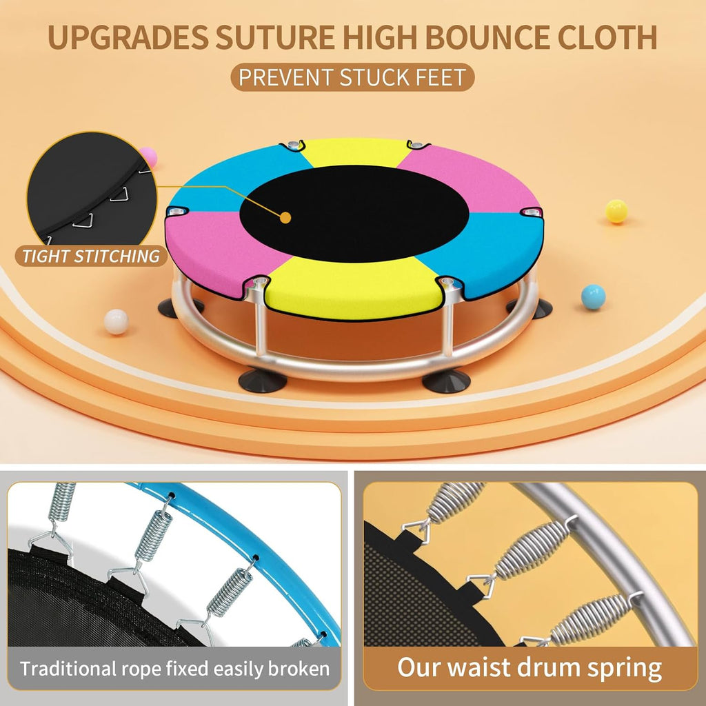 Trampoline for Kids, Adjustable Baby Toddler Trampoline with Basketball Hoop, Round Bottom Indoor Outdoor Toddler with Enclosure