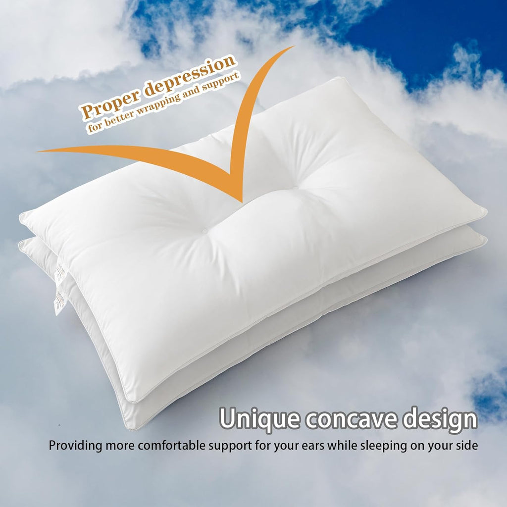 QUILTINA Ear Protection Pillows 2-Pack Perfect for Back or Side Sleepers, Relatively Flat & Thin Medium Support Bed Pillow with Concave Design, Soft, Highly Elastic, Queen 20 x 30 in, White