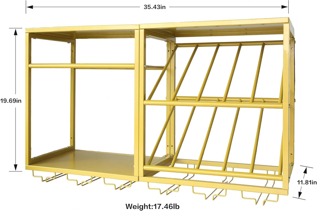 PY Wall Mounted Wine Rack - 20 Bottles Gold Wall Wine Rrack with 6 Glass Holder, Modern Metal Frame Wine Storage Display Shelf Space-Saving Design for Home Room Bar Dining Kitchen