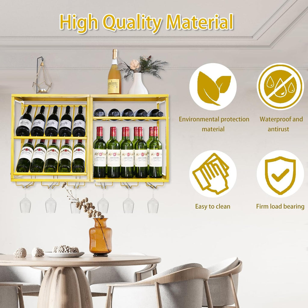 PY Wall Mounted Wine Rack - 20 Bottles Gold Wall Wine Rrack with 6 Glass Holder, Modern Metal Frame Wine Storage Display Shelf Space-Saving Design for Home Room Bar Dining Kitchen