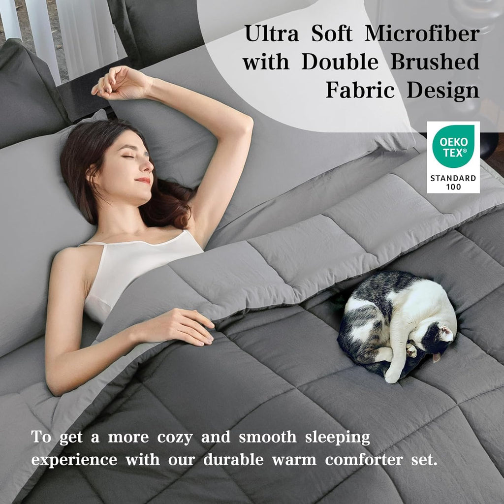 Queen Size Comforter Set - 8-Piece Gray Luxury Bedding with Reversible Microfiber Lightweight Comforter, Bed Skirt, Flat Sheets, Pillowcases & Pillow Shams