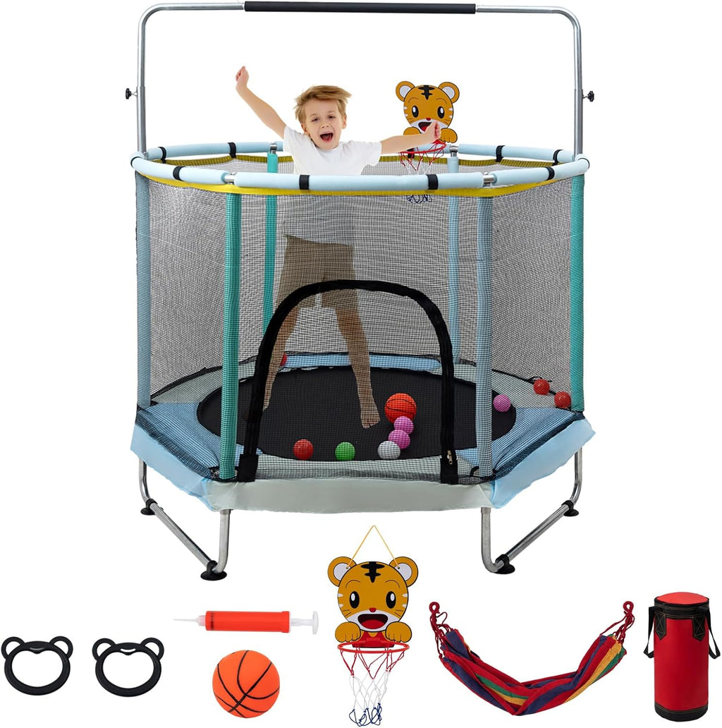 Trampoline for Kids, 5FT Adjustable for Toddler, Indoor/Outdoor Baby Trampoline with Enclosure Net, No-Gap Safe Design, Gifts for Boys & Girls