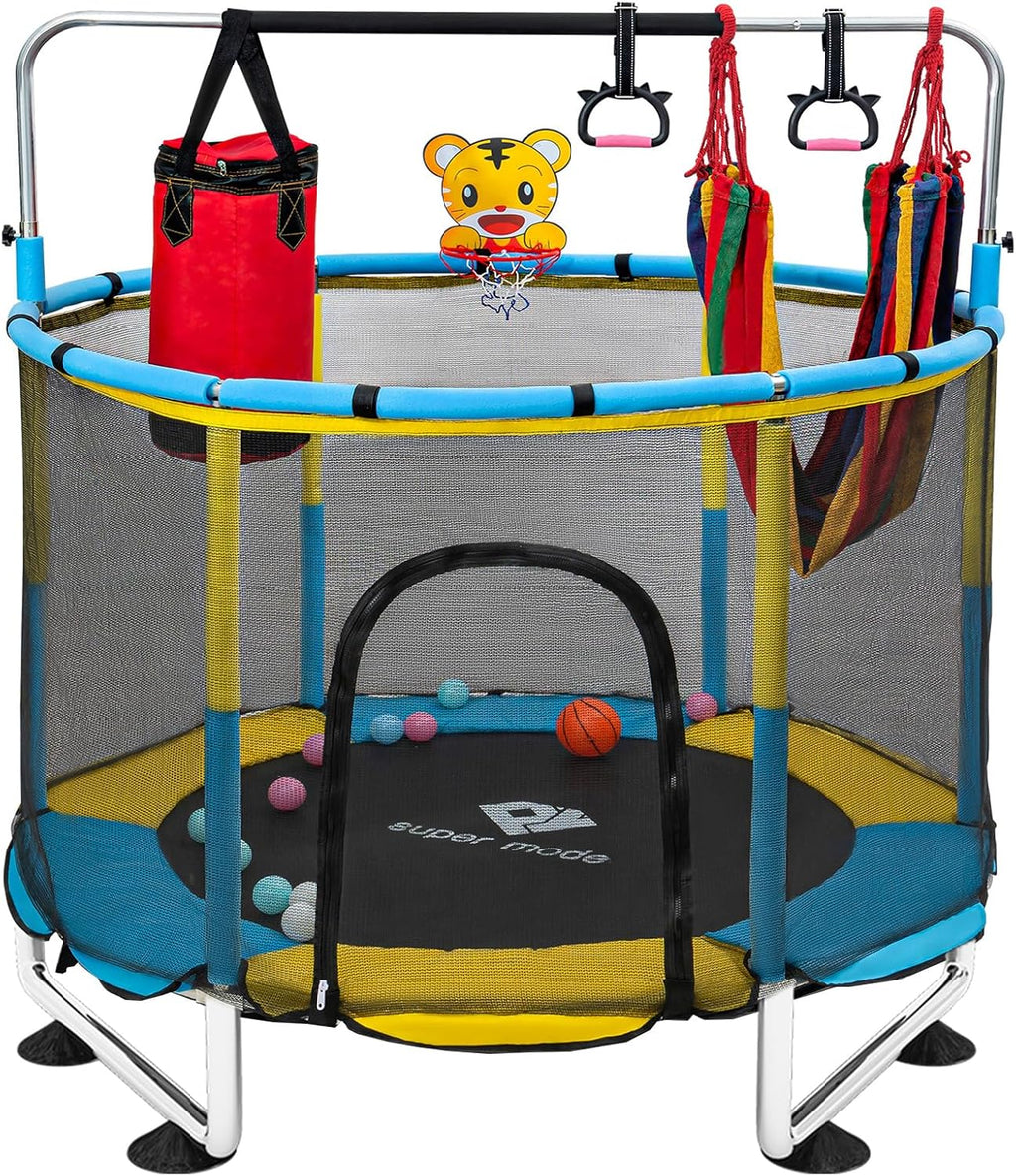 Trampoline for Kids, 5FT Adjustable for Toddler, Indoor/Outdoor Baby Trampoline with Enclosure Net, No-Gap Safe Design, Gifts for Boys & Girls