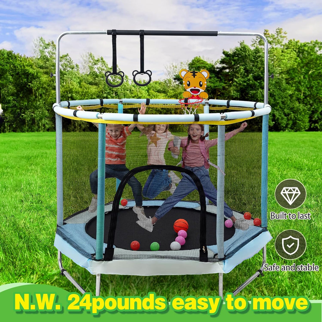 Trampoline for Kids, 5FT Adjustable for Toddler, Indoor/Outdoor Baby Trampoline with Enclosure Net, No-Gap Safe Design, Gifts for Boys & Girls