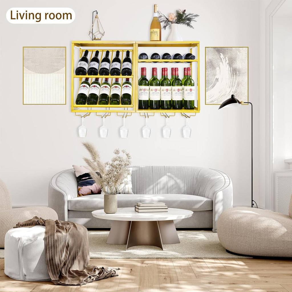 PY Wall Mounted Wine Rack - 20 Bottles Gold Wall Wine Rrack with 6 Glass Holder, Modern Metal Frame Wine Storage Display Shelf Space-Saving Design for Home Room Bar Dining Kitchen