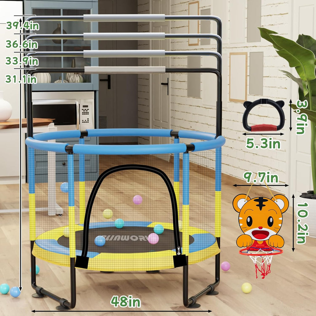 Trampoline for Kids, Adjustable Baby Toddler Trampoline with Basketball Hoop, 440lbs Indoor Outdoor Toddler Trampoline with Enclosure