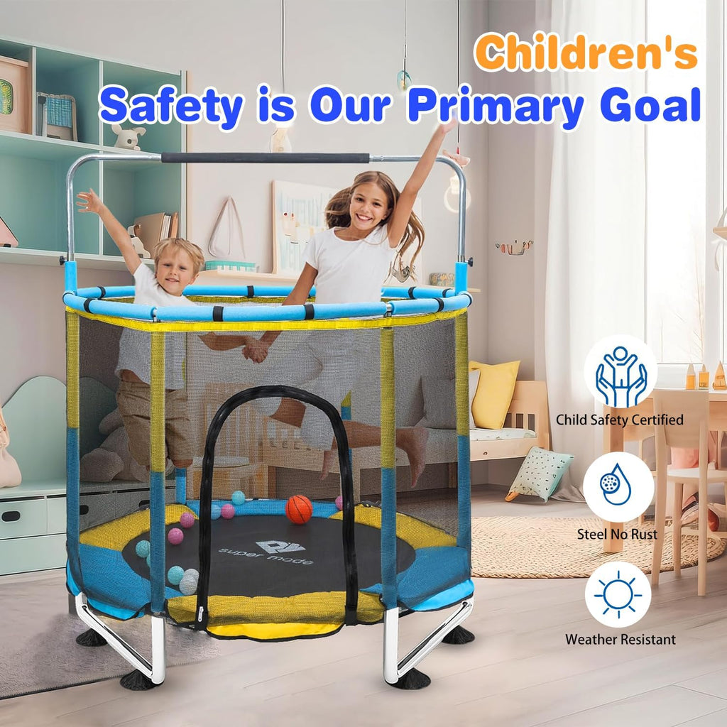 Trampoline for Kids, 5FT Adjustable for Toddler, Indoor/Outdoor Baby Trampoline with Enclosure Net, No-Gap Safe Design, Gifts for Boys & Girls