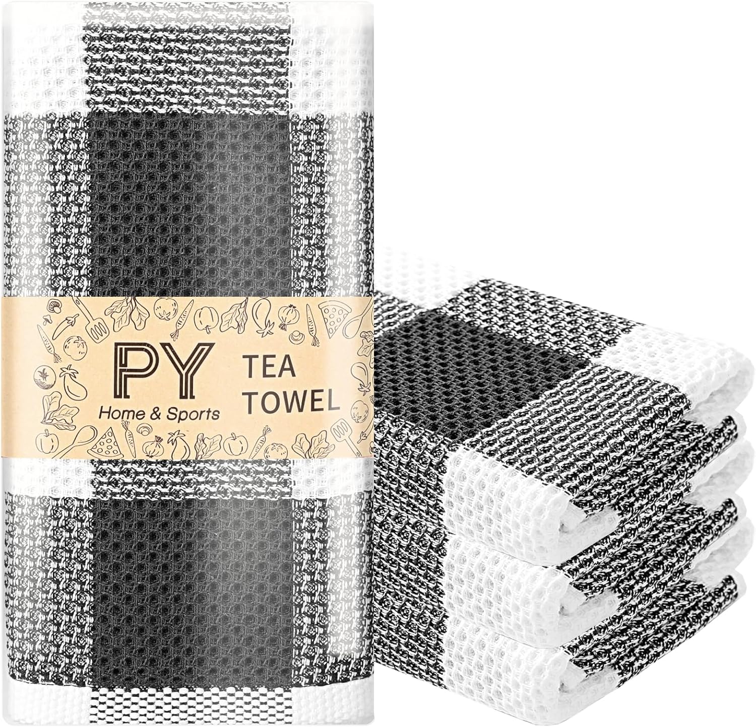 PY HOME & SPORTS Dish Towels Set, 100% Cotton Waffle Weave Kitchen Towels 4 Pieces, Super Absorbent Kitchen Hand Dish Cloths for Drying and Cleaning (17 x 25 Inches, Set of 4)