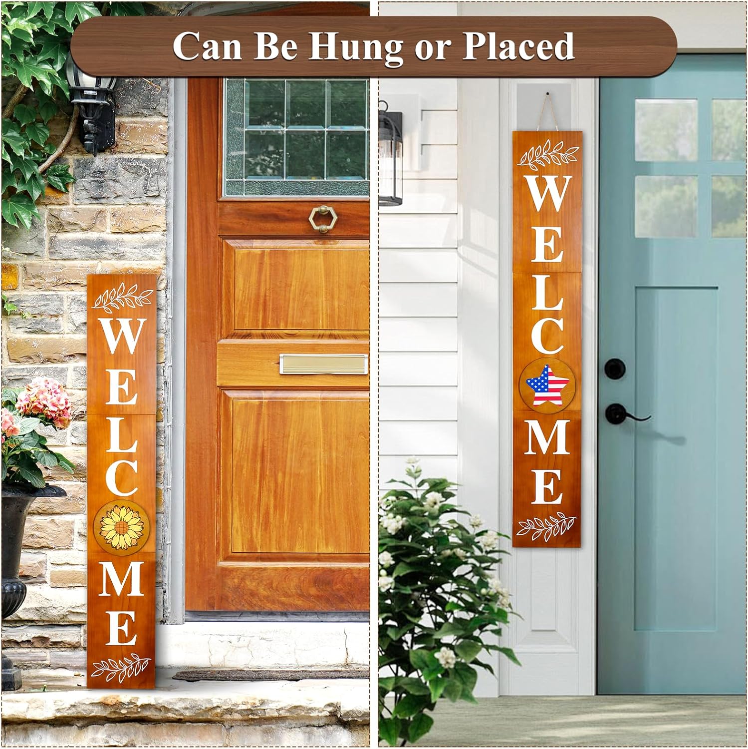PY HOME & SPORTS Welcome Sign for Front Door Standing with 10 Interchangeable Icons, 47.7" x 7.9" Welcome Wooden Sign for Sunflower Decor, Welcome Home Sign Outdoor Porch Decor (Brown)