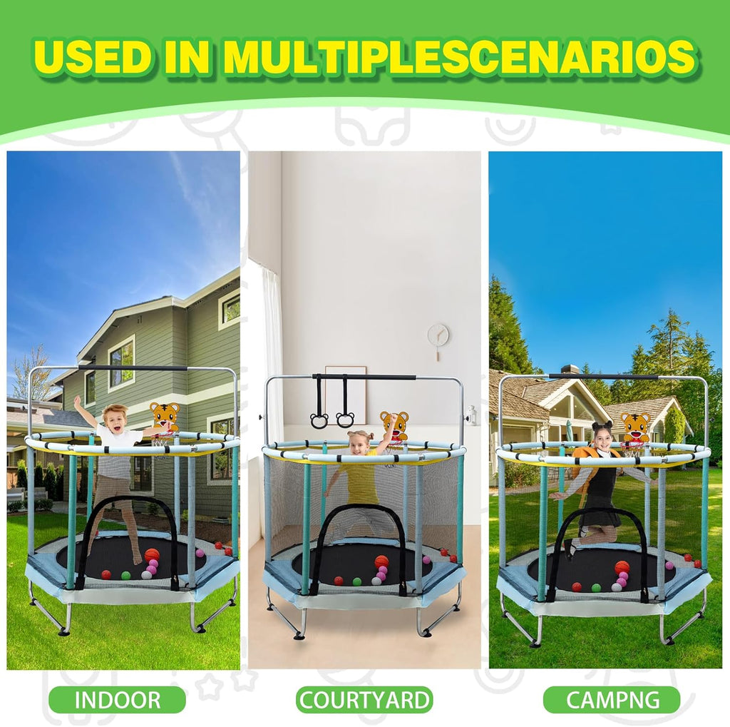 Trampoline for Kids, 5FT Adjustable for Toddler, Indoor/Outdoor Baby Trampoline with Enclosure Net, No-Gap Safe Design, Gifts for Boys & Girls