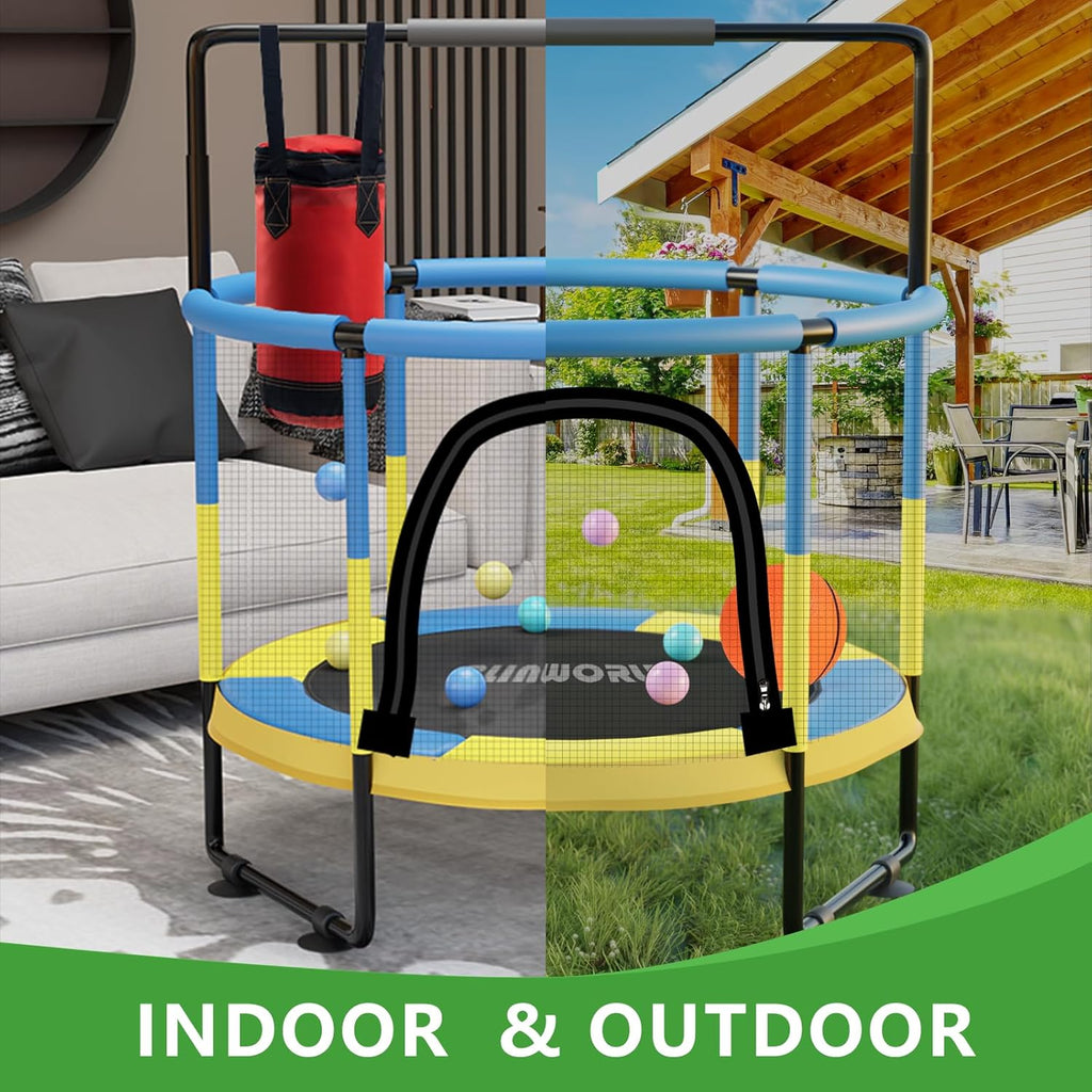 Trampoline for Kids, Adjustable Baby Toddler Trampoline with Basketball Hoop, 440lbs Indoor Outdoor Toddler Trampoline with Enclosure