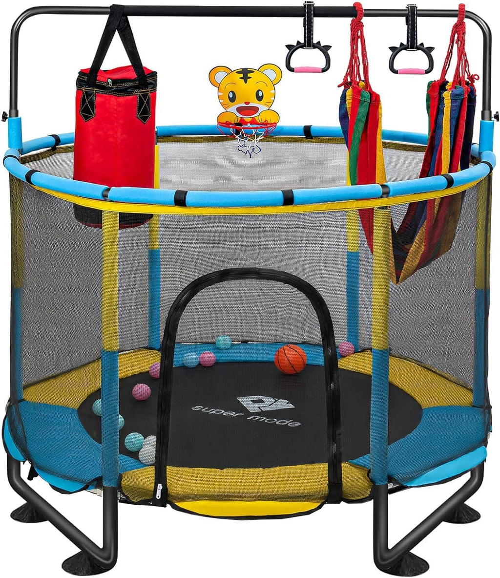 Trampoline for Kids, 5FT Adjustable for Toddler, Indoor/Outdoor Baby Trampoline with Enclosure Net, No-Gap Safe Design, Gifts for Boys & Girls