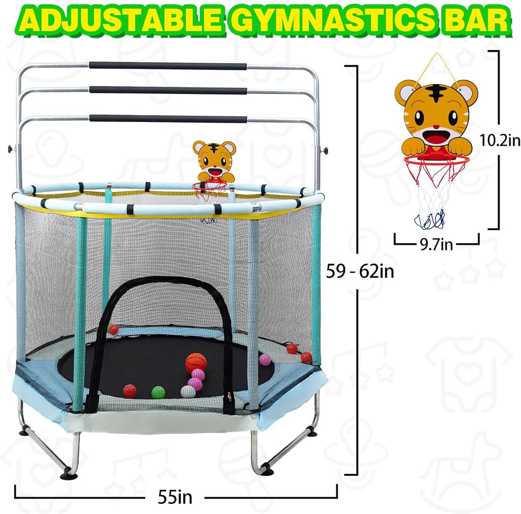 Trampoline for Kids, 5FT Adjustable for Toddler, Indoor/Outdoor Baby Trampoline with Enclosure Net, No-Gap Safe Design, Gifts for Boys & Girls