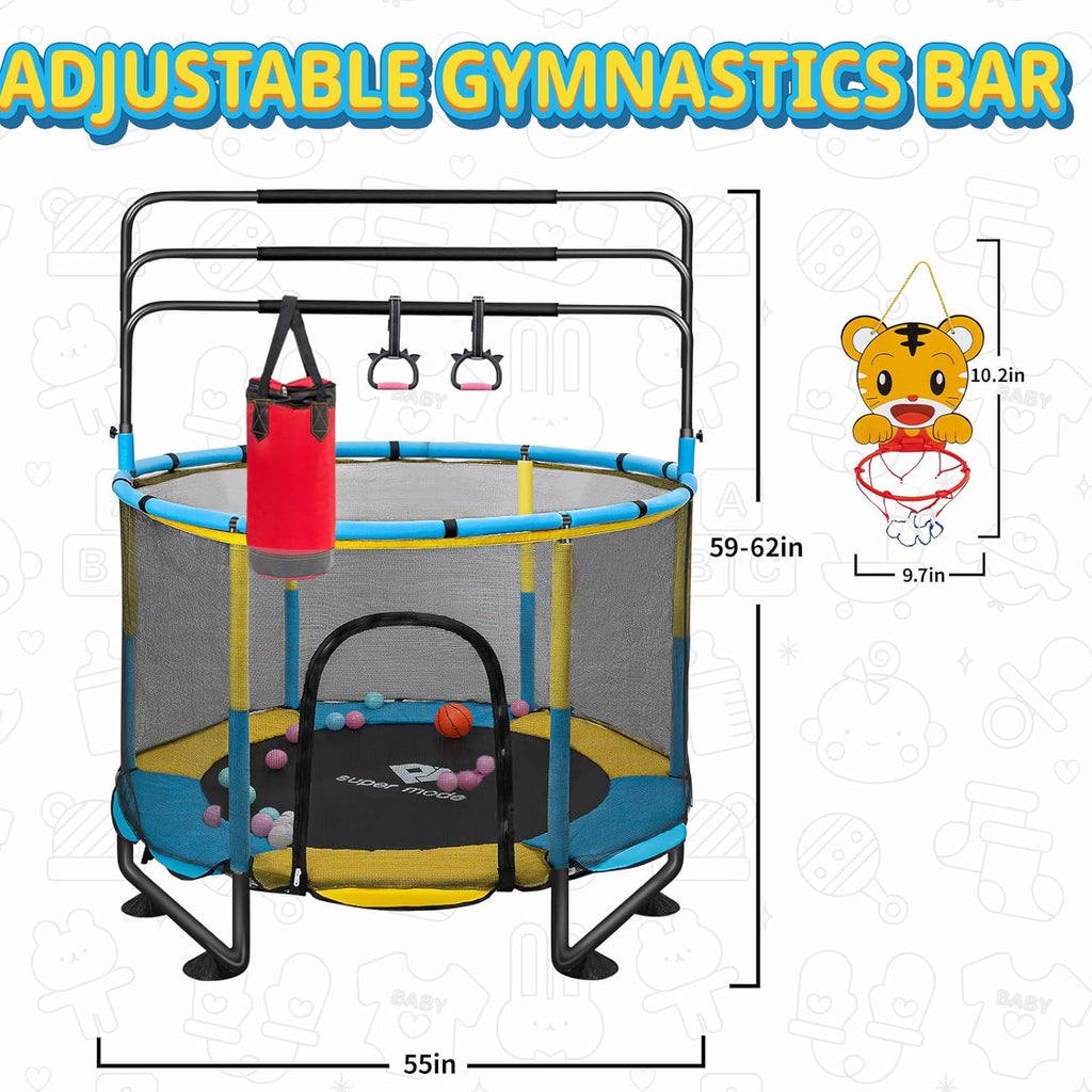Trampoline for Kids, 5FT Adjustable for Toddler, Indoor/Outdoor Baby Trampoline with Enclosure Net, No-Gap Safe Design, Gifts for Boys & Girls