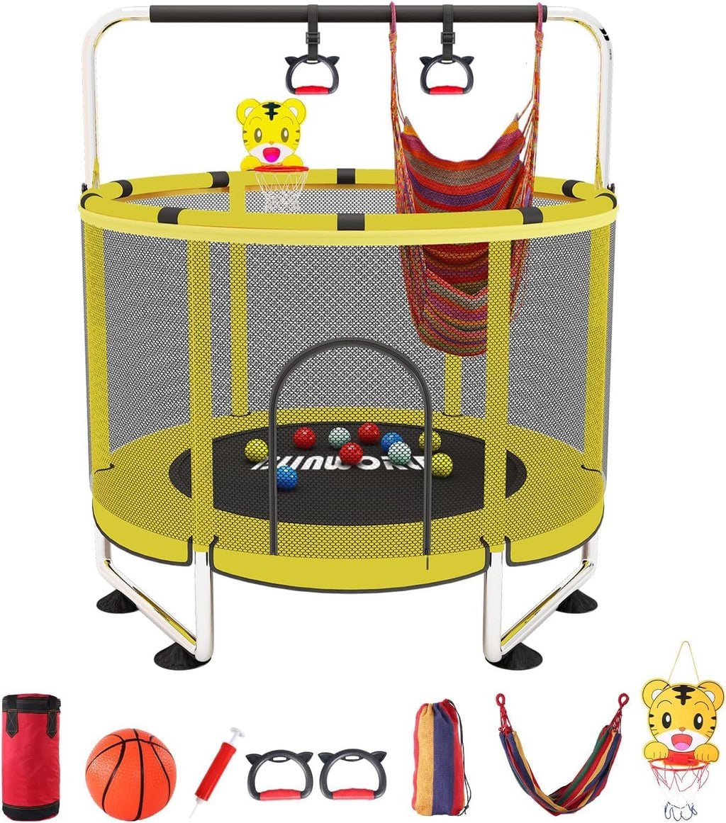 Trampoline for Kids, Adjustable Baby Toddler Trampoline with Basketball Hoop, 440lbs Indoor Outdoor Toddler Trampoline with Enclosure