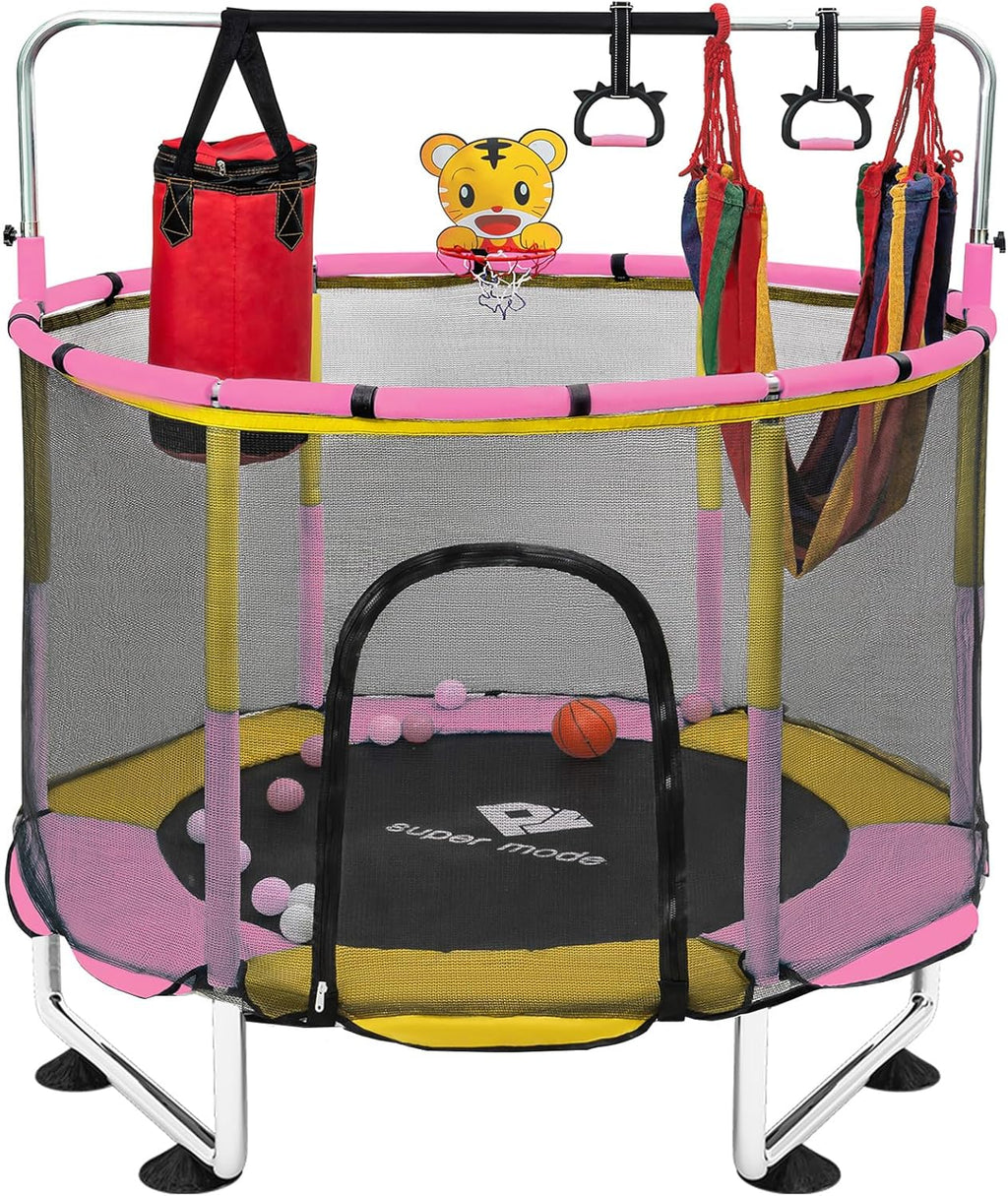 Trampoline for Kids, 5FT Adjustable for Toddler, Indoor/Outdoor Baby Trampoline with Enclosure Net, No-Gap Safe Design, Gifts for Boys & Girls