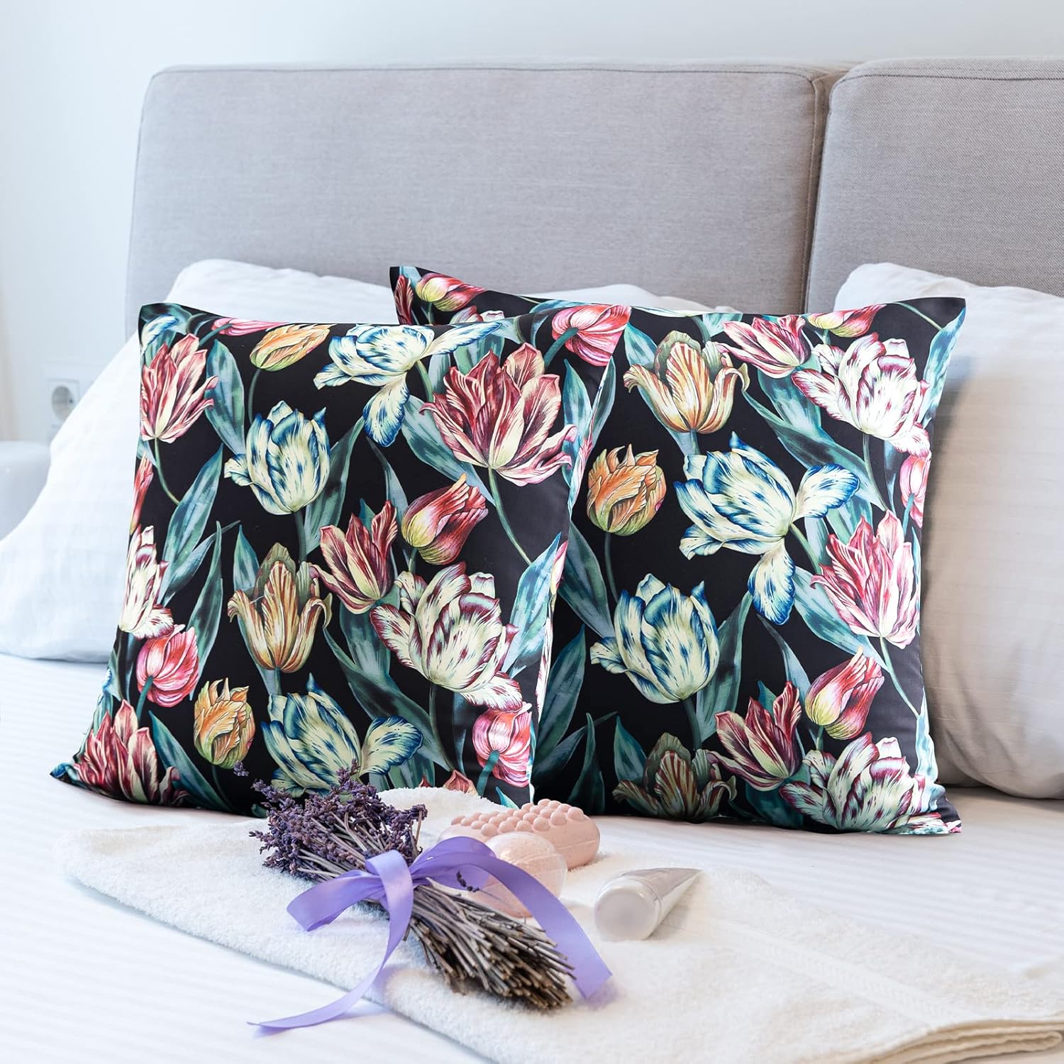 PY HOME & SPORTS Set of 2 Decorative Throw Pillow Covers, 18x18” Floral Printed Pillow Cushion Case Covers for Sofa Couch Bed (Tulip Printed)