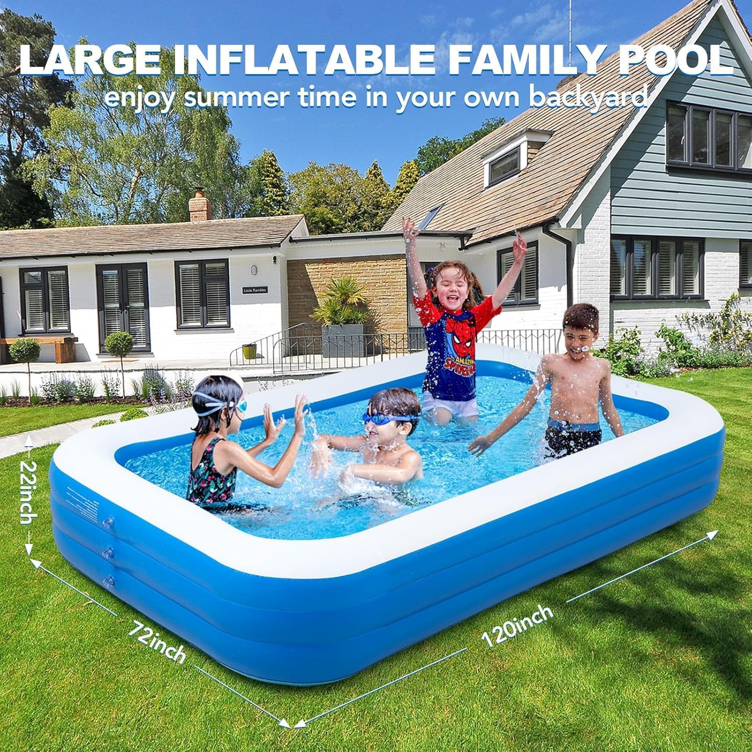 Inflatable Swimming Pools with Pump, Oversized 120" x 72" x 22" Thickened Blow up Kiddie Pool for Kids, Toddlers and Adults, Above Ground Swimming Pool for Outdoor, Garden, Backyard, Water Party-Plain