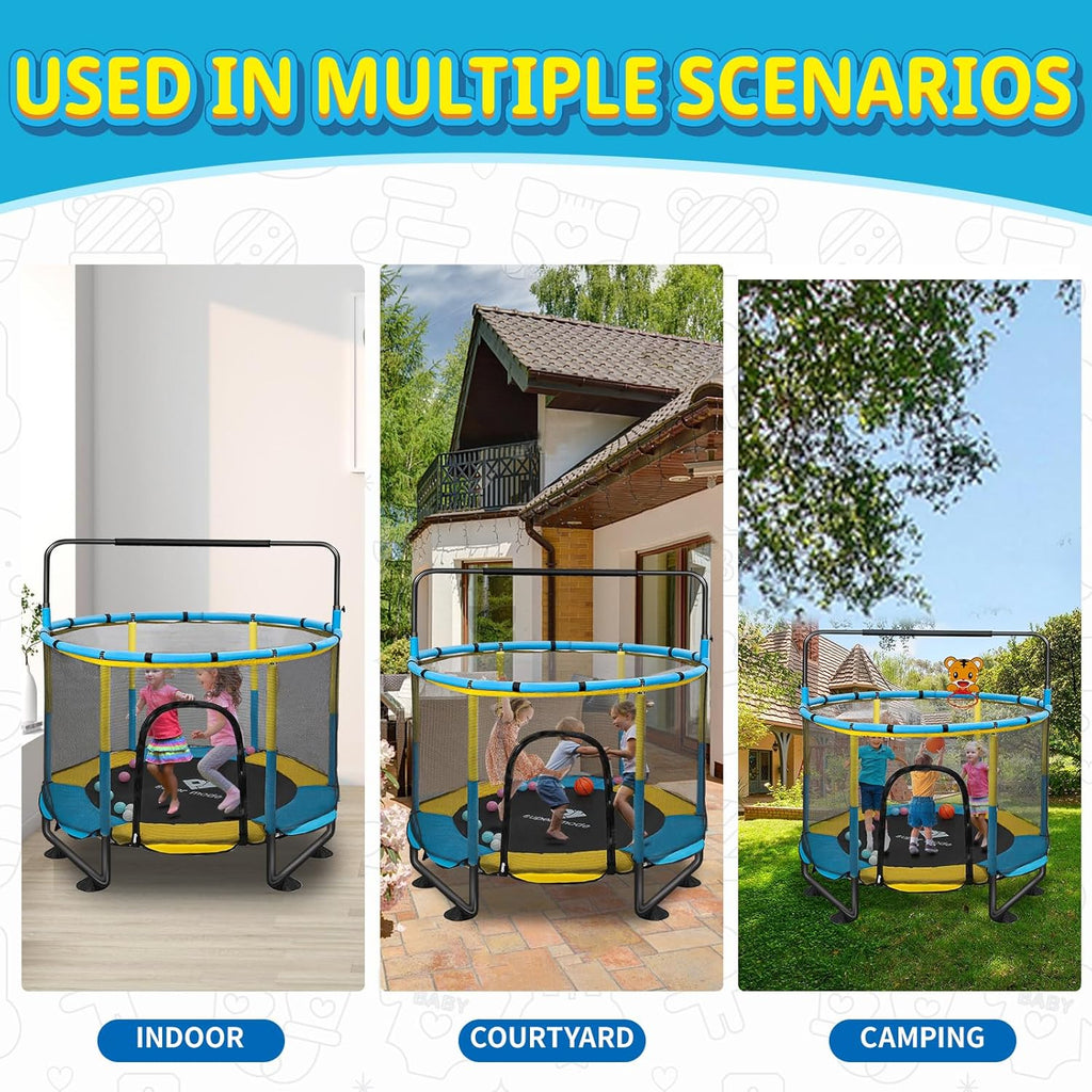 Trampoline for Kids, 5FT Adjustable for Toddler, Indoor/Outdoor Baby Trampoline with Enclosure Net, No-Gap Safe Design, Gifts for Boys & Girls