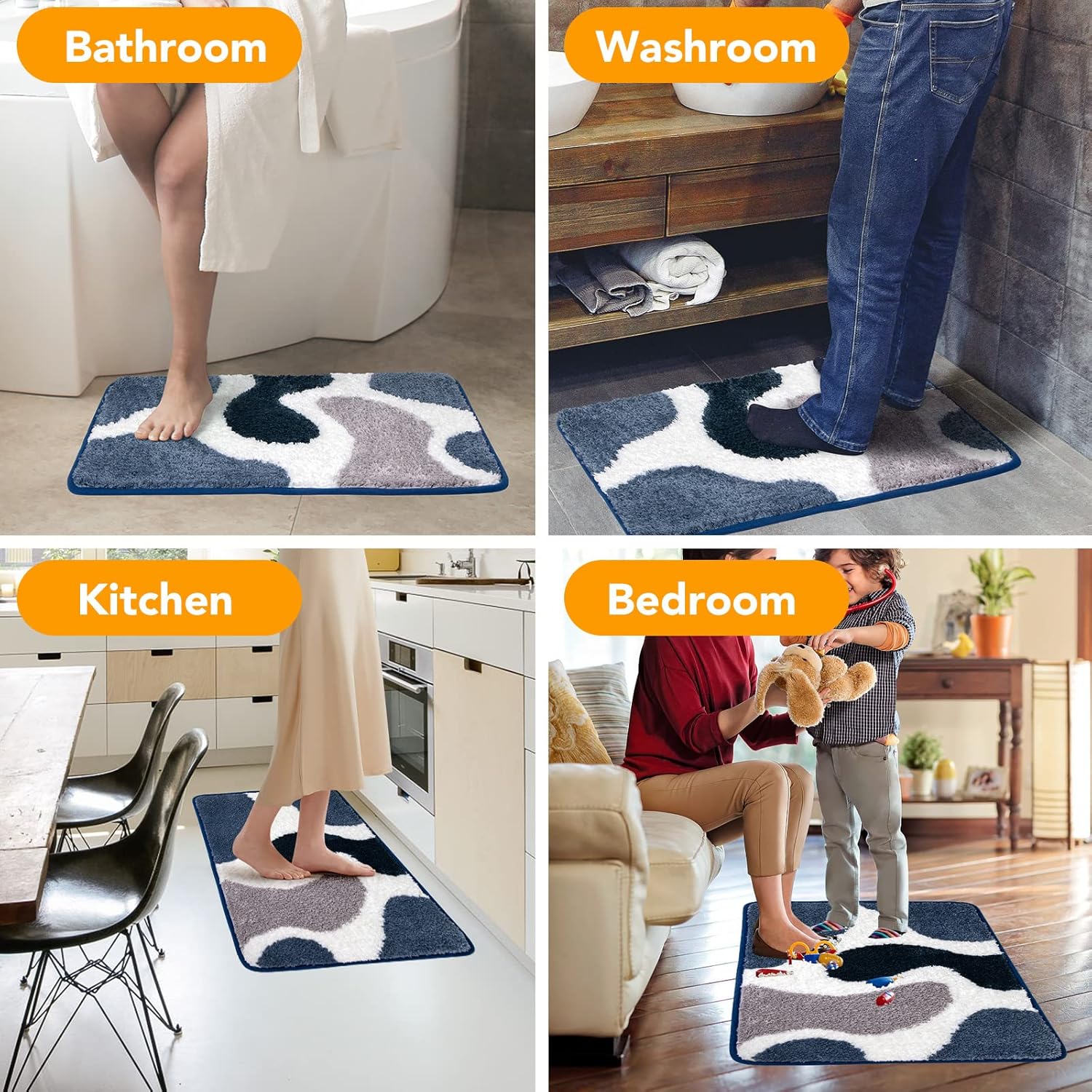 Bathroom Rug Mat, 17.5 x 24 Soft and Water Absorbent Microfiber Bath Rugs, Non-Slip Shaggy Bath Carpet, Bath Mats for Bedroom Floor, Tub, Shower (Abstract Blue)