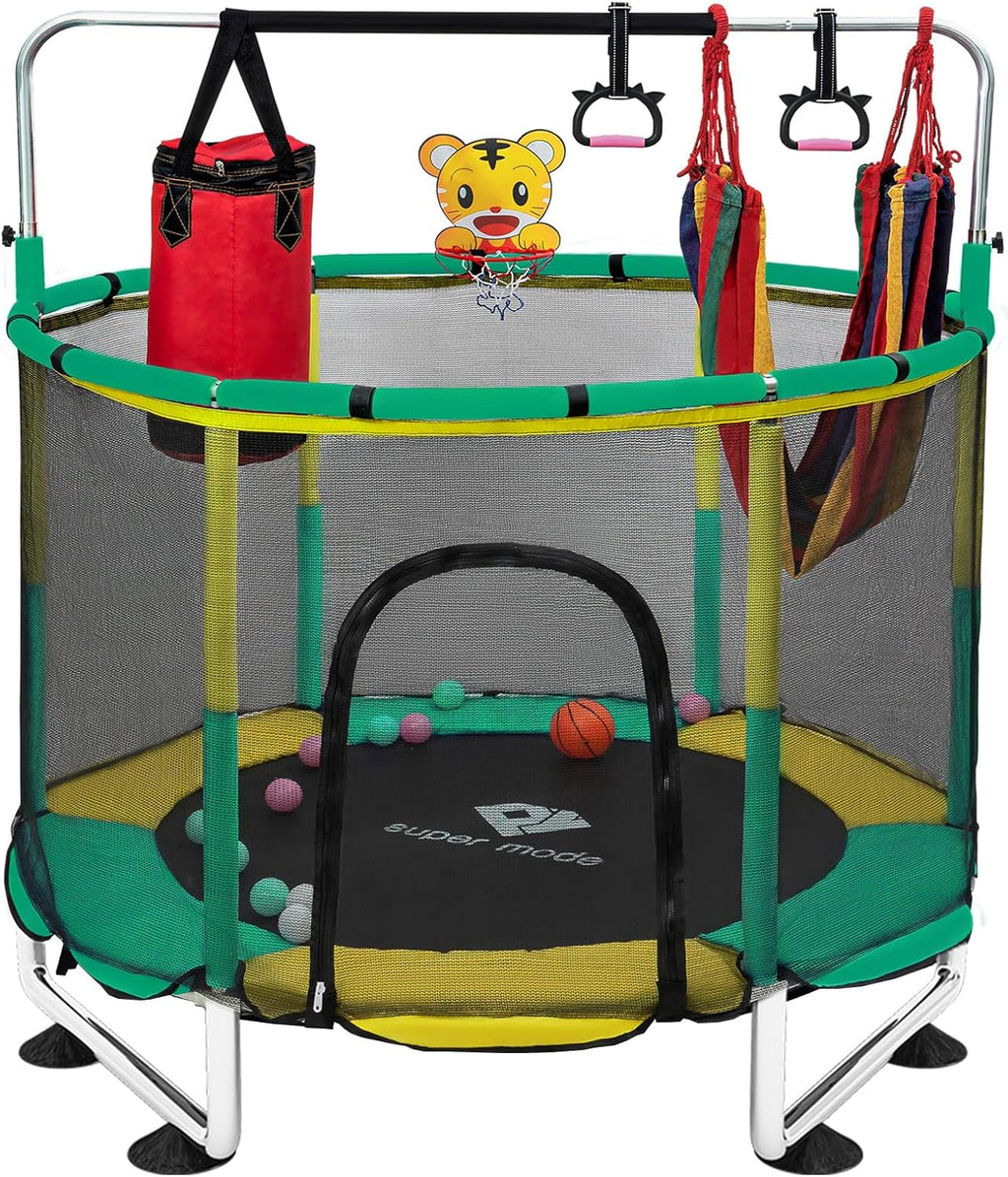 Trampoline for Kids, 5FT Adjustable for Toddler, Indoor/Outdoor Baby Trampoline with Enclosure Net, No-Gap Safe Design, Gifts for Boys & Girls