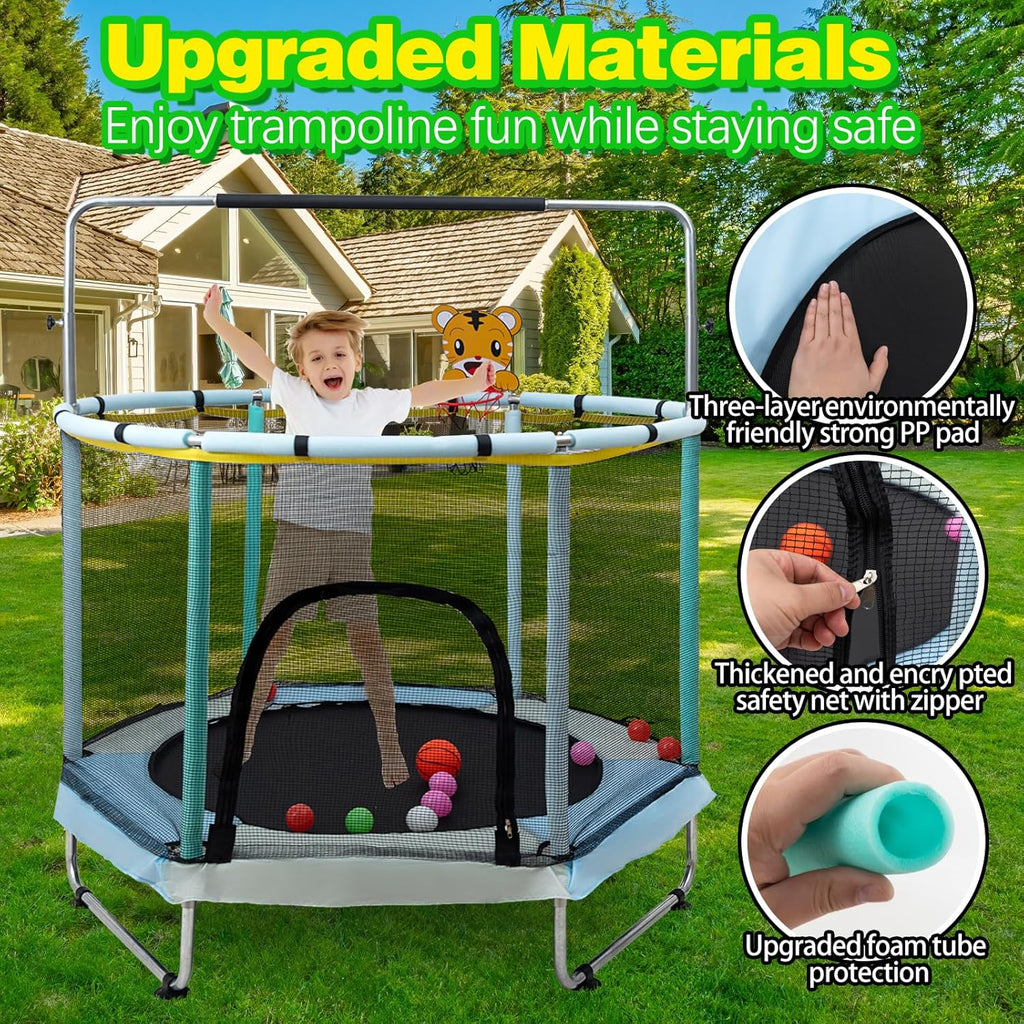Trampoline for Kids, 5FT Adjustable for Toddler, Indoor/Outdoor Baby Trampoline with Enclosure Net, No-Gap Safe Design, Gifts for Boys & Girls