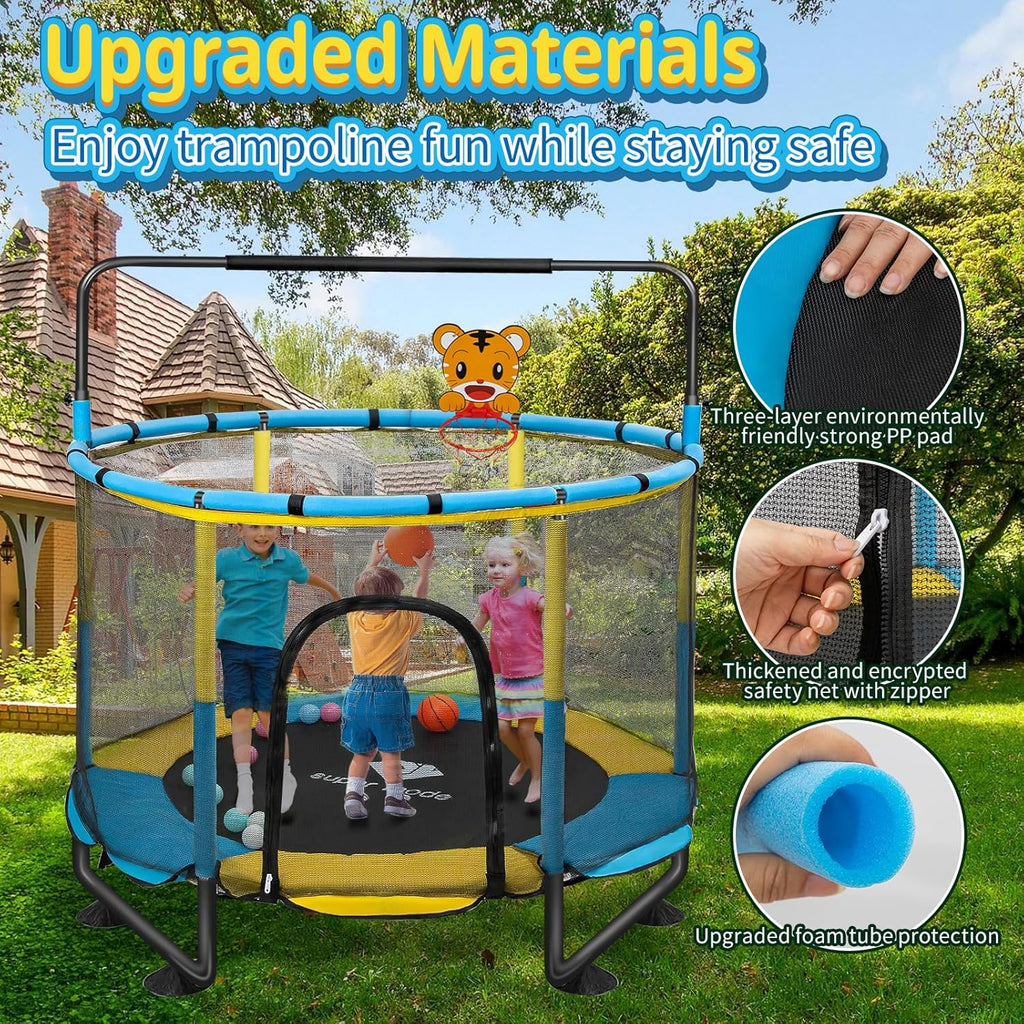 Trampoline for Kids, 5FT Adjustable for Toddler, Indoor/Outdoor Baby Trampoline with Enclosure Net, No-Gap Safe Design, Gifts for Boys & Girls