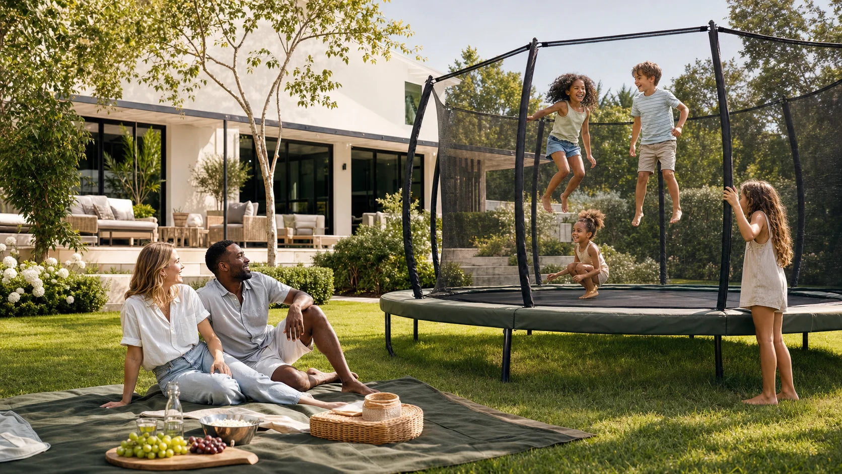 Black and white family smiling together in an upscale backyard as parents sit on a camping blanket and children play on a trampoline